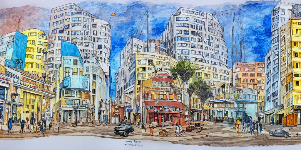 Prompt: street artists. painting of rounded bauhaus buildings in a junction in tel aviv. highly detailed. pen drawing painted with watercolors. colorful. surreal