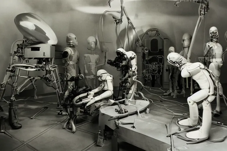 Image similar to close-up of a futuristic film studio with Alien technicians preparing a scene with frightened human beings by Stanley kubrick, sci-fi, color vibe, reimagined by industrial light and magic