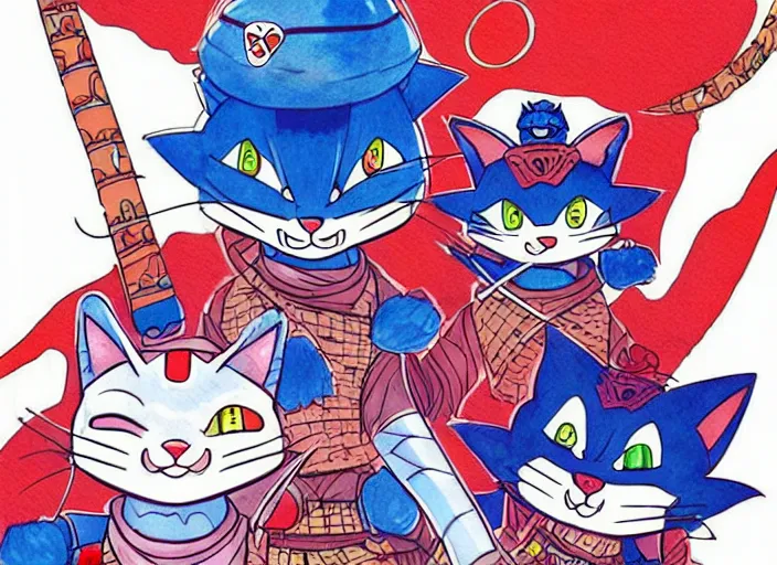 Image similar to samurai pizza cats, ink and watercolor illustration masterpiece, perfectly realistic yet surreal, by ryan ottley and mœbius