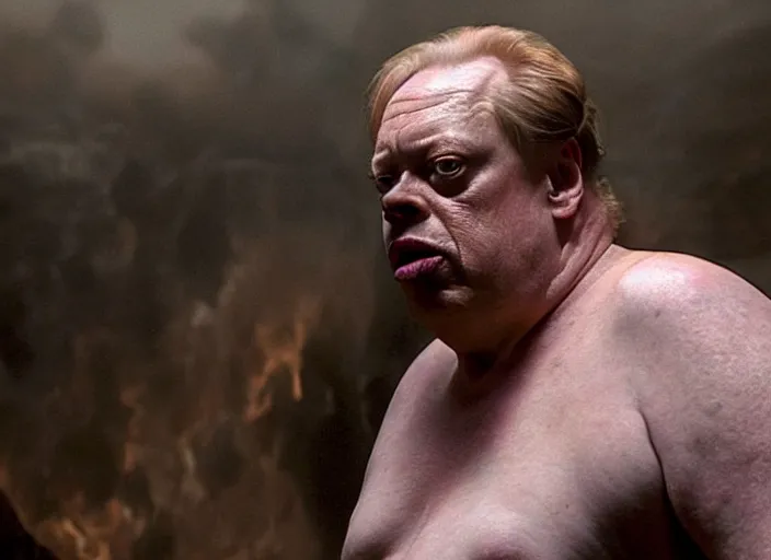 Image similar to steve buscemi as baron harkonnen in a black oil bath in a still from the film Dune (2021)