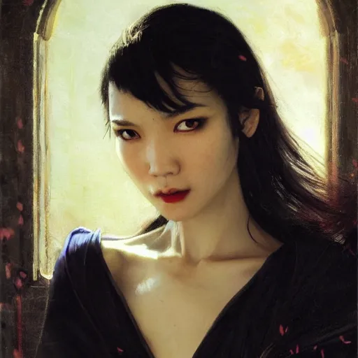 Image similar to detailed cinematic wide shot of beautiful attractive tao okamoto asian vampire woman slim face symettrical face clean skin black eyes black robe smooth, sharp focus, ultra realistic, spring light, painting by gaston bussiere, craig mullins, j. c. leyendecker