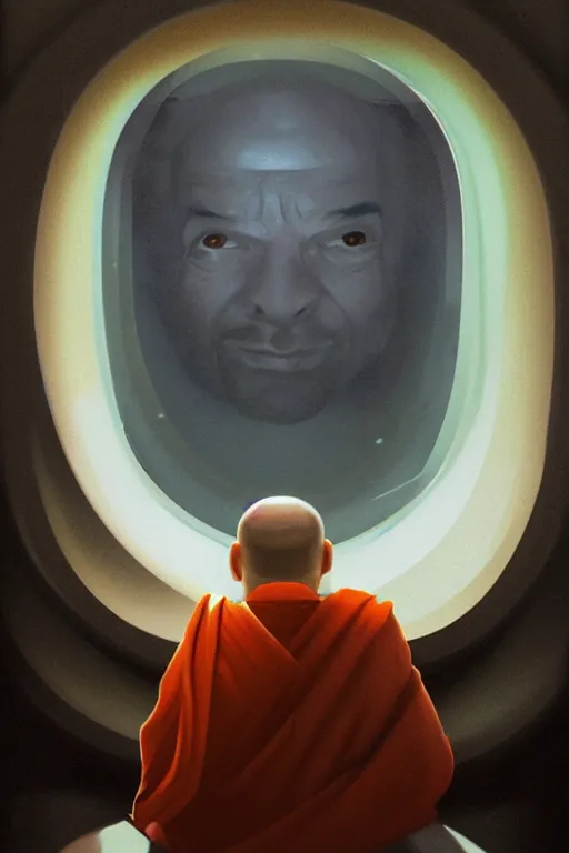 Prompt: portrait of a monk in a spaceship, looking out of a round window, orange robe, dramatic lighting, artstation, matte painting, ralph mcquarrie