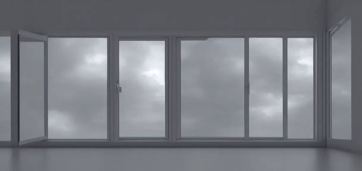 Prompt: aluminum window in the middle of the grey room, 8k render, hypredetail, realistic