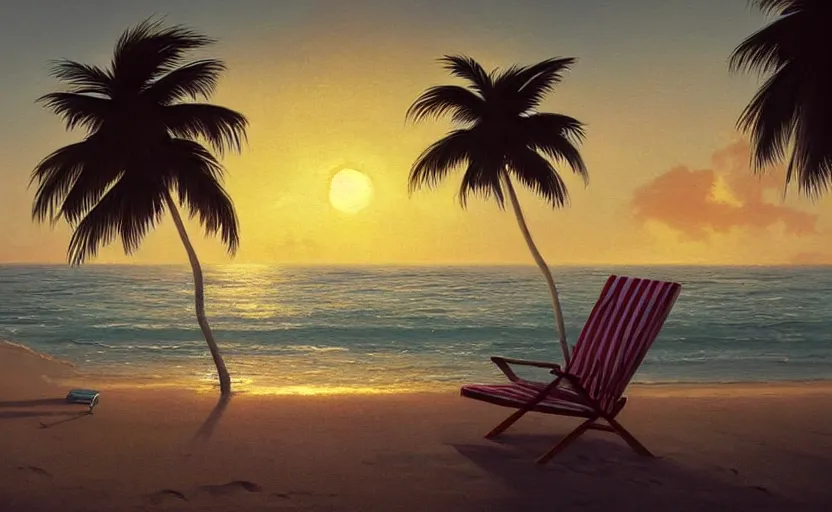 Image similar to painting of a beach chair at sunset with tropical palm trees, natural light, concept art, by greg rutkowski, cozy atmospheric and cinematic lighting