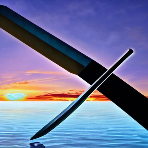 Image similar to a floating sword in front of a sunrise, extremely realistic and beautiful