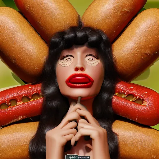 Image similar to the hot dog queen, 4 k, intricate detailed, jaw dropping, gorgeous, surreal, octane render