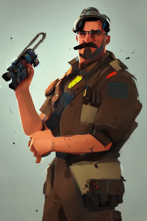 Image similar to beautiful highly detailed realistic stylized character portrait team fortress 2 engineer, detailed character art master portrait by ismail inceoglu, trending on artstation