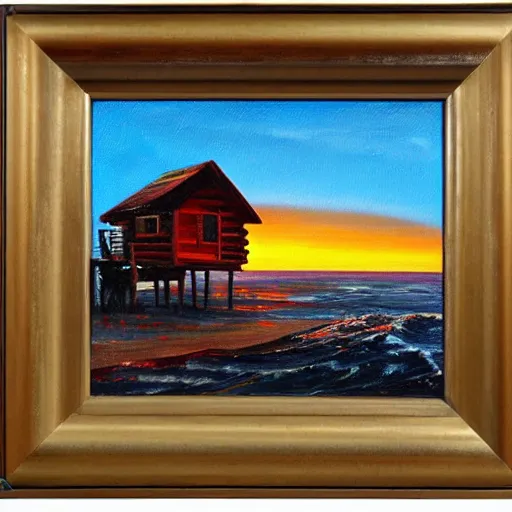 Image similar to sunset over a wooden cabin on the coast in the distance, sea, oil painting, very detailed, colorful