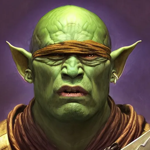 Image similar to “portrait of an orc (green skin) oracle wearing robes and a blindfold, D&D character, highly detailed, digital fantasy character painted portrait, artstation, concept art, sharp focus, illustration, art by artgerm and greg rutkowski and alphonse mucha and craig mullins and James Jean and Andrei Riabovitchev and Marc Simonetti and peter mohrbacher”