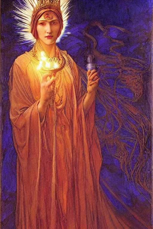 Image similar to queen of the twilight with her lantern and regalia, by Annie Swynnerton and Nicholas Roerich and jean delville, dramatic cinematic lighting , ornate headdress , flowing robes, lost civilizations, extremely detailed