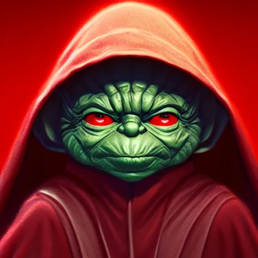 Image similar to portrait of hooded evil yoda as a sith, red power, dark background by m. w. kaluta, dark side, volumetric light, floating molecules, octane render, trending on artstation, digital painting, oil painting, artwork by ralph mcquarrie + cory loftis + paul lehr