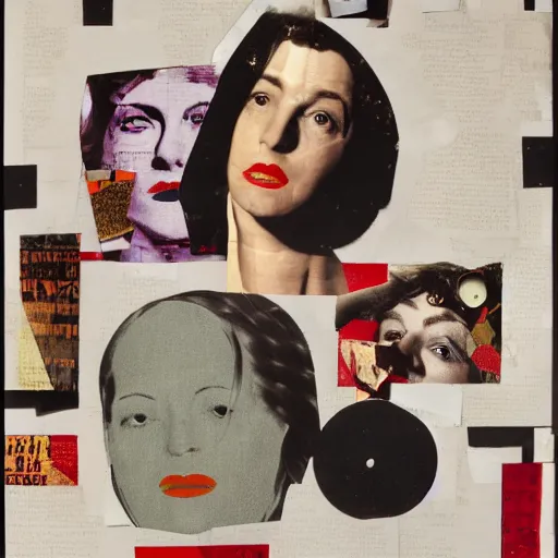 Prompt: a paper collage of a femal frontal portrait, kurt schwitters, richard hamilton, joe webb, chambliss giobbi, lynn skordal, derek gores, barbara kruger, jacques villegle.