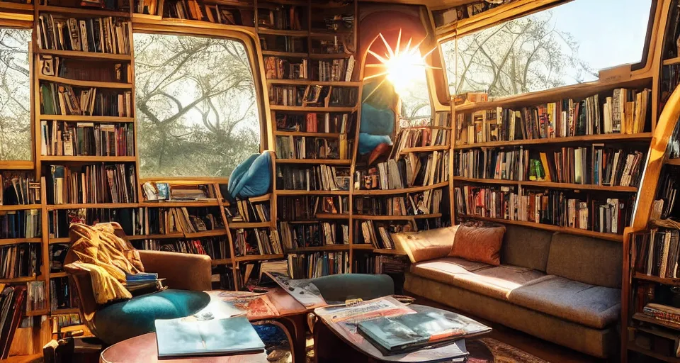 Prompt: A scene from a 2022 Marvel film featuring a cozy art deco reading nook inside a fantasy treehouse. Disorganized Books. Elevated platforms. Golden Hour. 8K UHD.