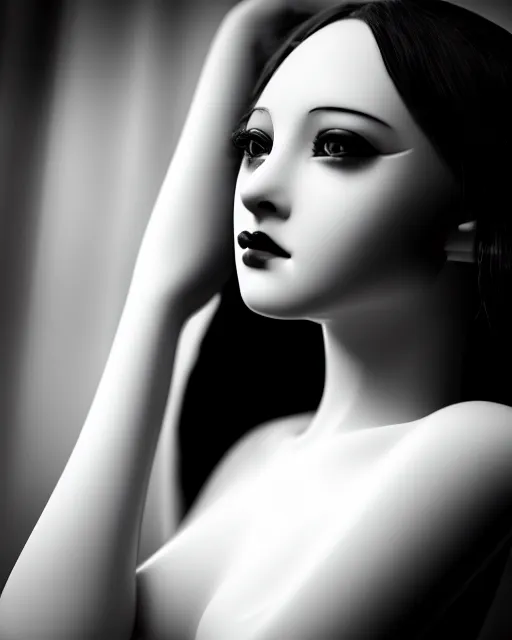 Image similar to black and white dreamy young beautiful female artificial intelligence, metropolis, cinematic, rim light, bokeh, photo - realistic, elegant, high detail, 8 k, masterpiece, photo taken in 1 9 3 0