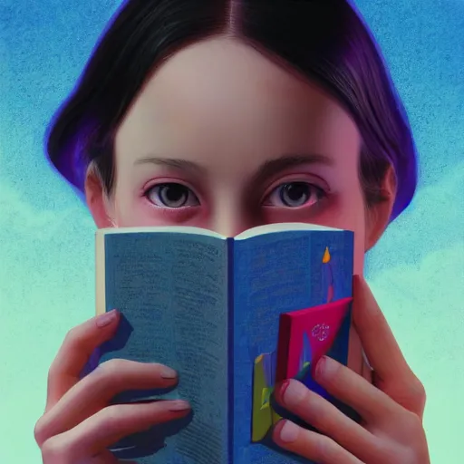 Image similar to colourful vfx upper half - portrait - a girl reading a book, art by katsuhiro otomo & james jean, digital render, digital illustration, concept art, caricature, volumetric light, ray tracing, symmetrical, unreal engine, octane 3 d render, sharp, detailed, intricate detail, pinterest, behance, art station