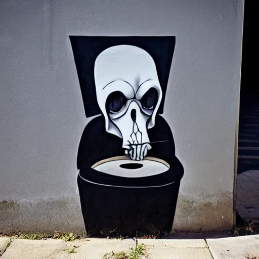 Prompt: street art of the grim reaper sitting on the toilet