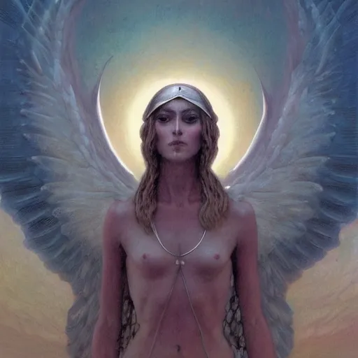 Image similar to A biblically accurate winged Angel with eyes within and without, LSD trip, fullbody, artstation, fantasy, concept art, dark, moonlight, incredible, smooth, sharp focus, illustration, art by greg rutkowski and orientalism and bouguereau and Zdzislaw Beksinski, good clear quality, lighting, biology, symmetrical artwork, perfect face, 135 mm, cinematic, hyper realism, high detail, octane render, 8k, chrome accents