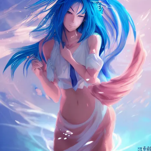 Prompt: advanced digital anime art, WLOP, RossDraws and Sakimichan, female water shaman with blue hair like waves and blue eyes smiling , SFW version —H 1024