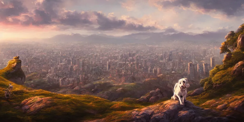 Image similar to breathtaking detailed concept art painting of a dog on the top of a hill, with a beutiful view of a tiny city below the hill, by hsiao - ron cheng, extremely moody lighting, 8 k