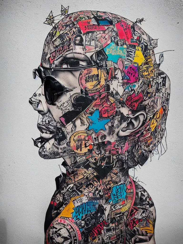 Prompt: a multilayered mixed media street art bursting with nostalgic pop culture references, punk symbols and tattoo designs, sharp details, art by stikki peaches