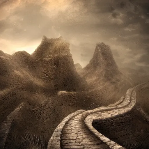 Prompt: a long winding pathway with no terrain on either side, cliffs with no bottom, creepy, gloomy, nightmare, dark rocks, dusty, sepia tones, with a mysterious dark castle at the of the path, digital art, 8 k, concept art, trending on artstation