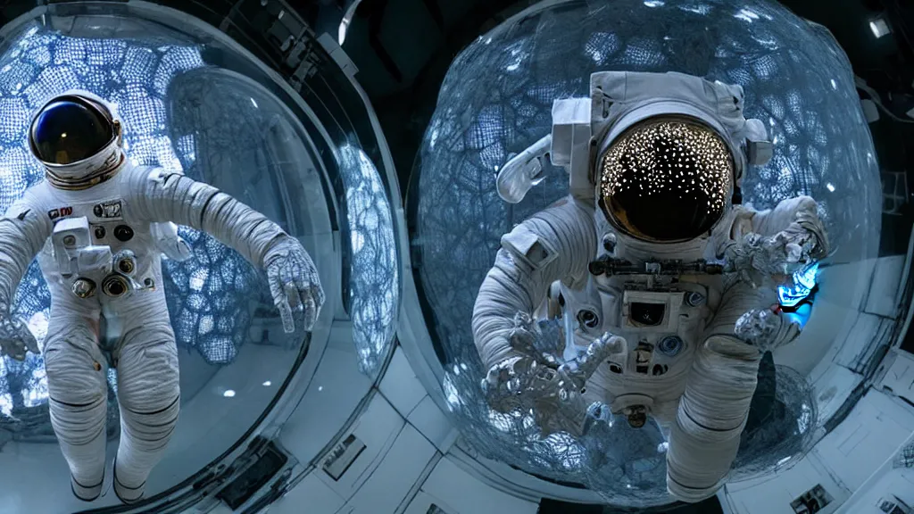 Image similar to a single astronaut eva suit made of diamond 3d fractal lace iridescent bubble 3d skin and covered with insectoid compound eye camera lenses floats through the living room, film still from the movie directed by Denis Villeneuve with art direction by Salvador Dalí, wide lens,