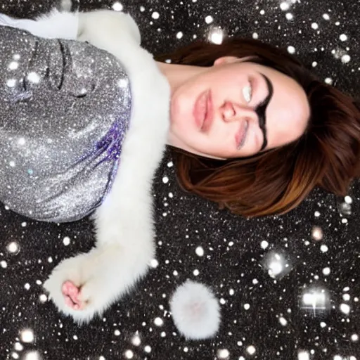 Image similar to snowshoe cat sleeping on a human's lap, wide angle shot, high resolution, cinematic lighting, glitter falling from the top of the photograph,