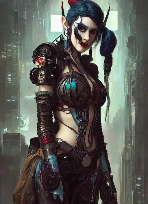 Image similar to a beautiful illustration of cyberpunk elven harley quinn, black hair, intricate, sharp focus, illustration, highly detailed, digital painting, concept art, matte, art by wlop and artgerm and greg rutkowski and alphonse mucha, masterpiece