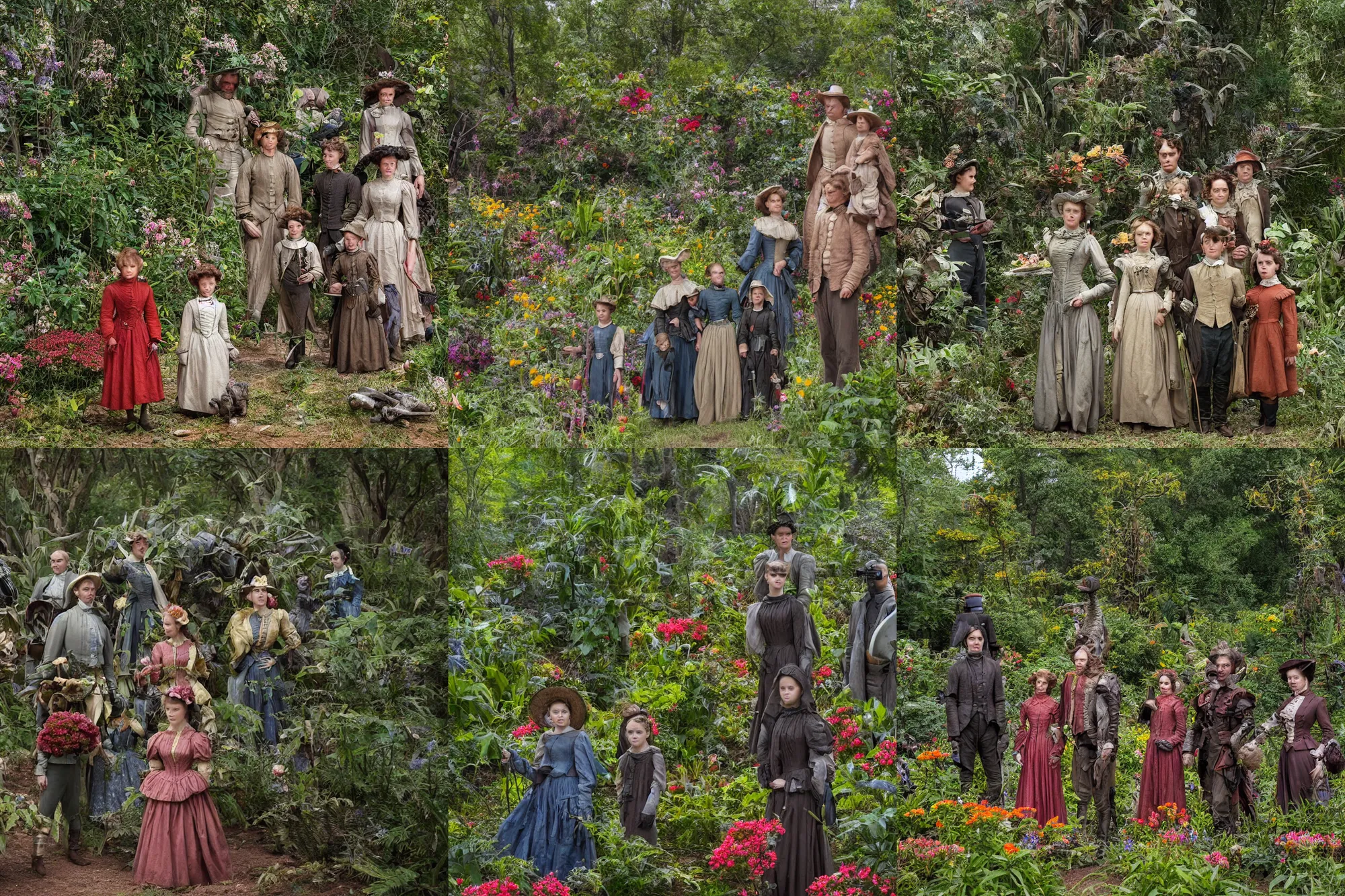 Prompt: sharp, highly detailed, 53456k film, 161800mm film still from a sci fi blockbuster color movie made in 2019, set in 1860, of a family standing in a park, next to some strange alien plants and flowers, on an alien planet, the family are all wearing 1860s era clothes, good lighting, ultra high definition, in focus, 35mm macro lens, zoom on faces