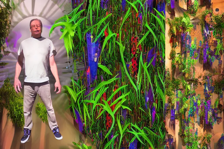 Prompt: guy standing in spinning portal where he can see himself in the future, trippy, weird, colorful, artstation, realistic, climbing plants