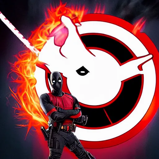 Image similar to deadpool as a ghostbuster in the movie ghostbusters