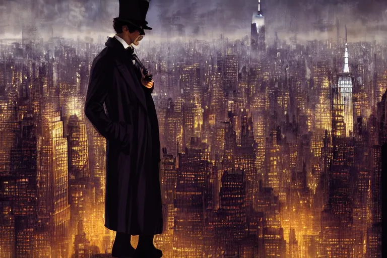 Image similar to stunningly mysterious, detective wearing a trench coat in profile smoking a sherlock holmes pipe on a perch facing the city at night, smooth, focus, highly detailed, hyper realistic, dramatic lighting, intricate, concept art, new york skyline, looking down, art by wlop, greg rutowski, artstation