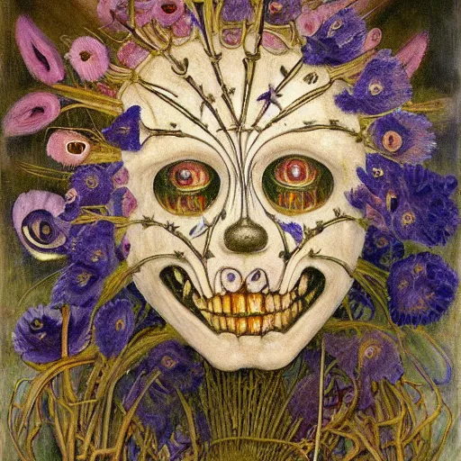 Image similar to masterpiece painting of a facemask made of flowers, by annie swynnerton and jean delville and tino rodriguez and diego rivera, flower shaman, spooky dark eldritch art, art brut, symbolist, dramatic lighting, god rays, elaborate geometric ornament, clean crisp graphics, soft cool colors, smooth sharp focus, extremely detailed, adolf wolfli