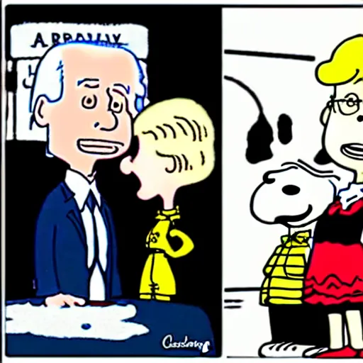 Prompt: a cartoon of joe biden as lucy pulling away the nuclear football before trump as charlie brown can kick it, cartoon in the style of peanuts by charles schulz