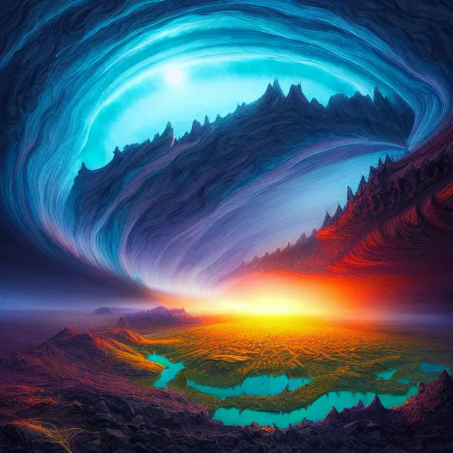 Image similar to fantasy aerial iceland landscape in the form of the human eye, volumetric lighting, colorful, sharp and focus, ultra detailed, beautifully lit landscape, astrophotography, in the art style of dan mumford and marc simonetti