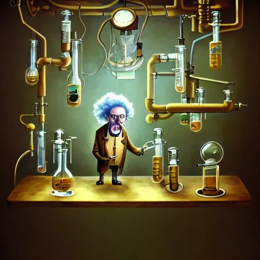 Image similar to steampunk mad scientist Funny cartoonish with test tubes at a science lab, einstein, old mad scientist, by Gediminas Pranckevicius H 704