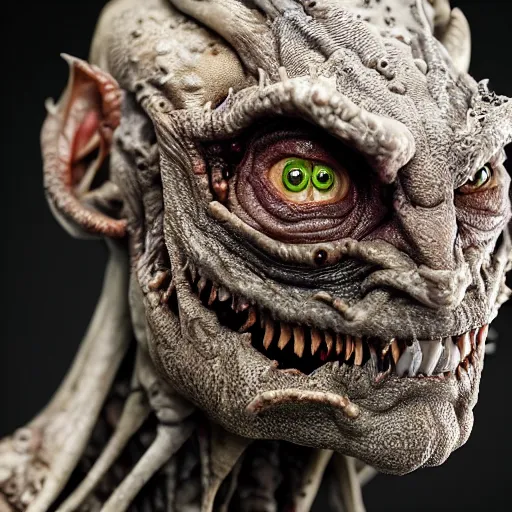 Image similar to photo taken of an epic intricate, ultra detailed, super realistic gritty, terrifying, lifelike sculpture of a nightmarish hellish ghoulish creature design created by weta workshop, zoomed in shots, photorealistic, sharp focus, white wall coloured workshop, cold colour temperture, f 0. 4, face centred