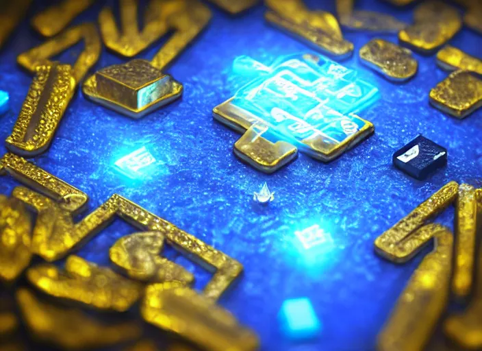 Prompt: flat square magic golden computer chip with runes and a glowing blue crystal in the center, mana flowing around it, flat and dark background, product photo, macro, dynamic composition, hyperrealism, octane render, trending on artstation, unreal engine 5, 4 k, 8 k