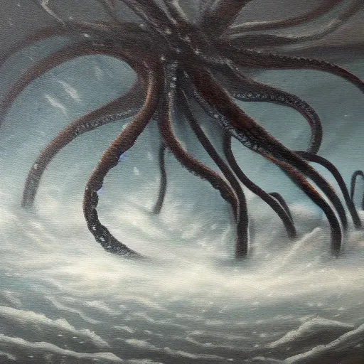 Prompt: oil painting of a distant giant mass of tentacles emerging out of the snowstorm