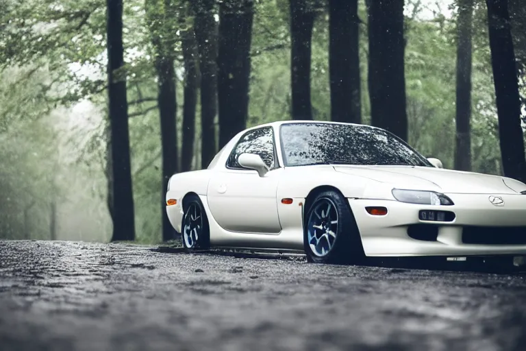 Image similar to A Mazda RX-7 parked in a road with trees, rainy spring season, Epic photography, taken with a Canon DSLR camera, 50 mm, insane depth of field