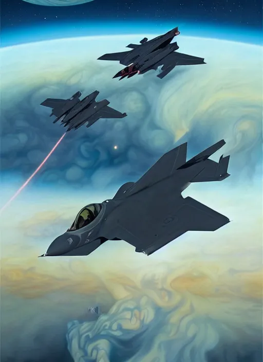 Image similar to poster artwork by michael whelan and tomer hanuka, a portrait, f 3 5 jets dogfighting in the clouds of jupiter, clean
