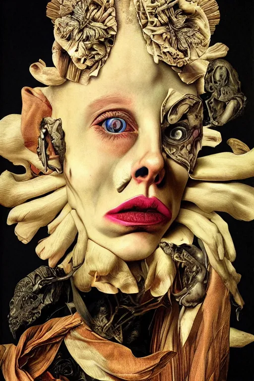 Image similar to Detailed maximalist portrait with large lips and with large, wide eyes, sad expression, extra bones, flesh, HD mixed media, 3D collage, highly detailed and intricate, surreal, illustration in the style of Caravaggio, dark art, baroque