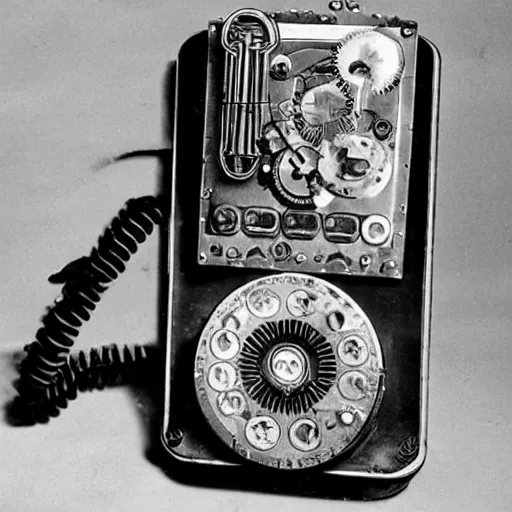 Image similar to an extremely complex and advanced steampunk cellphone from the 1940s