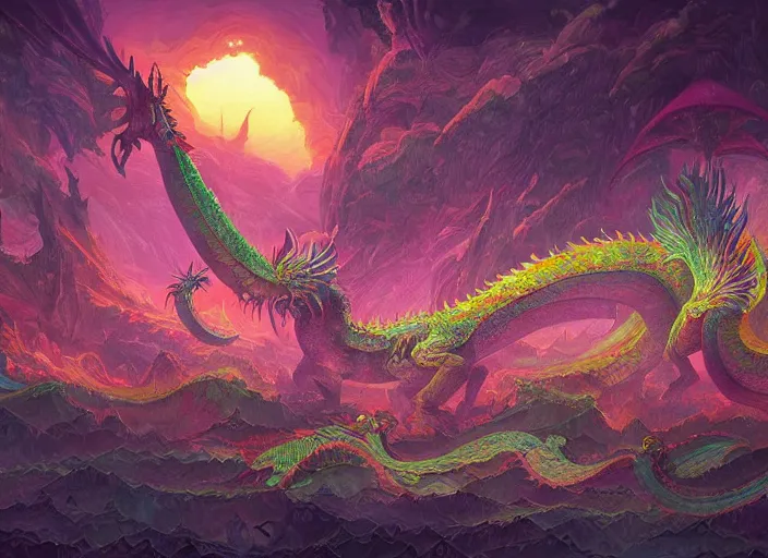 Image similar to psychedelic concept art painting of a dragon landscape made of thousands of dragons, cel shaded, in the style of makoto shinkai and moebius and peter mohrbacher and anton fadeev