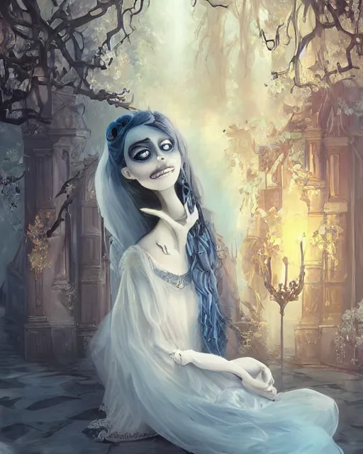 Prompt: elegant mysterious gracious undead victoria everglot from the corpse bride, portrait, illustration, the land of the death, piano in victorian front hall scene, rim light, top light, summer clear blue sky, perfectly shaded, soft painting, art by krenz cushart and wenjun lin