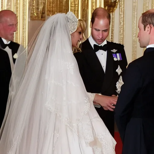 Image similar to detailed close up photos the duke of cambridge prince william marrying american popstar britney spears, happy couple, human, wedding photos on instagram, official photos, wedding photo