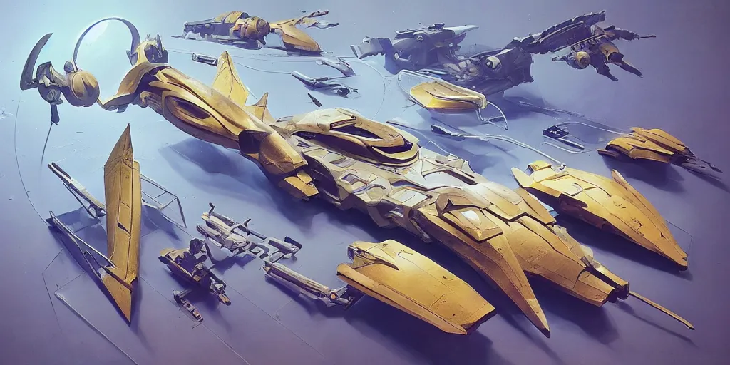 Prompt: Futuristic sci-fi props and gadget, hard surface, collection ,kitbash, parts, artstation, 8k, Shape and form, big medium small, golden ratio, modular, intricate detail,vitaly bulgarov, in watercolor gouache detailed paintings, exploration, syd mead, pastel bright colors, spaceship, pod racer, complex geometry