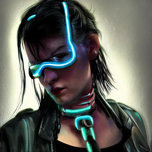 Image similar to detailed realistic cyberpunk female character cyberpunk wearing large steel collar around neck, realistic, art, beautiful, 4K, collar, choker, collar around neck, punk, artstation, detailed, female, woman, choker, cyberpunk, neon, punk, collar, choker, collar around neck, thick collar, choker around neck, wearing choker, wearing collar, bright neon punk hair, collar, choker,