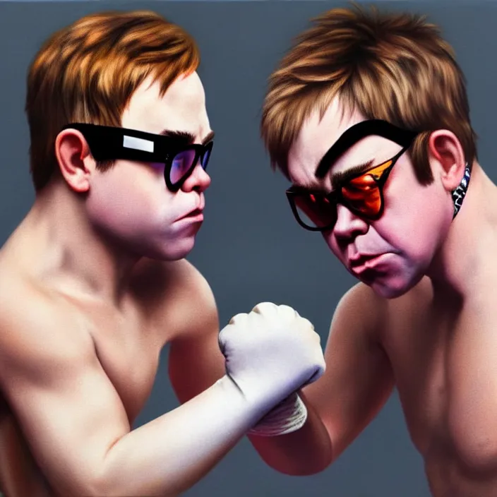 Prompt: young elton john fighting someone with his fists, realistic, very coherent, hyper realism, high detail, 8 k