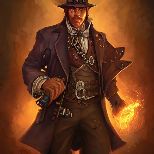 Image similar to Portrait of a steampunk detective in World of Warcraft, cover art, ultra wide lens shot, pretty, beautiful, DnD character art portrait, matte fantasy painting, DeviantArt Artstation, by Jason Felix by Steve Argyle by Tyler Jacobson by Peter Mohrbacher, cinematic lighting